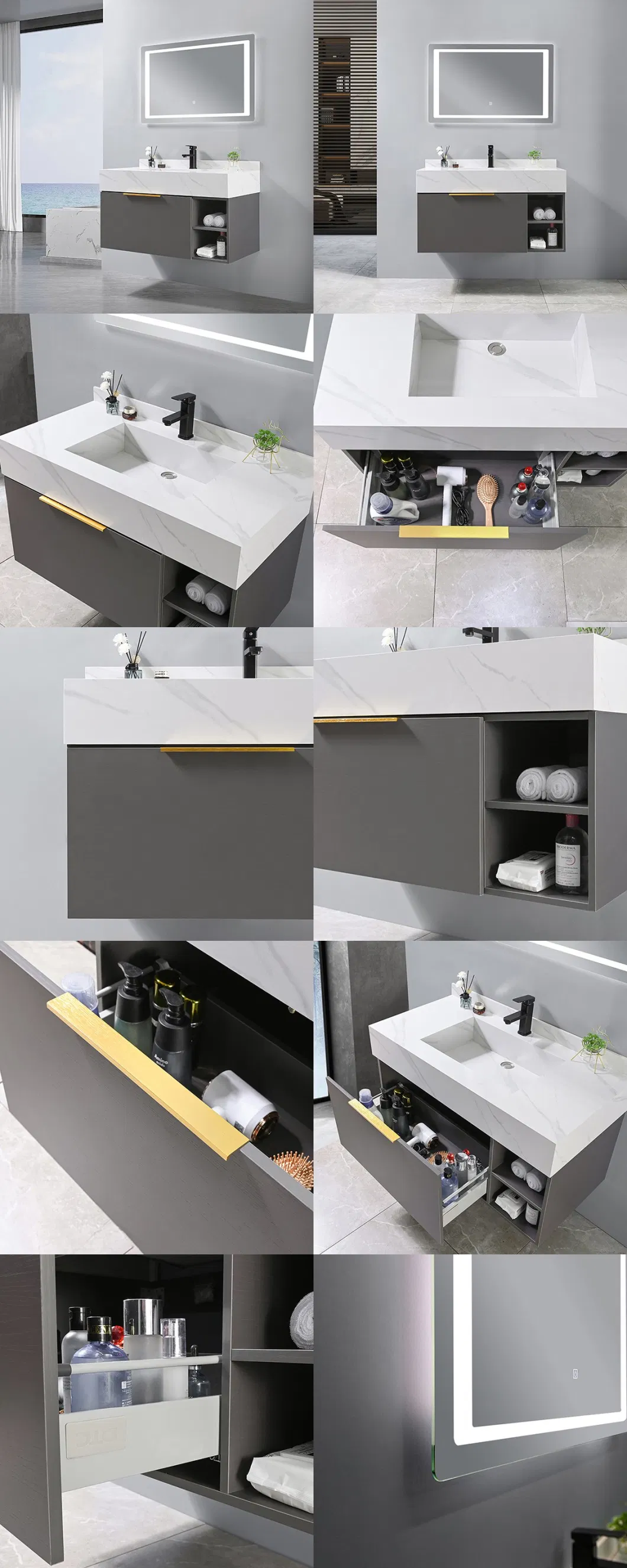 Modern Wall Mounted Matte Black Slate Bathroom Cabinet Vanity Set Single Sink Floating Vanity with Mirror