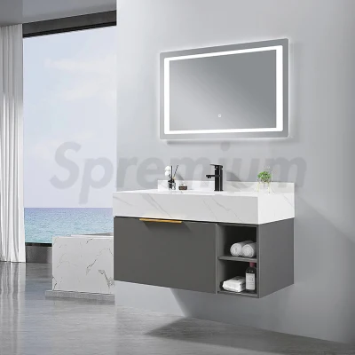 현대적인 벽걸이형 매트 블랙 슬레이트 욕실 캐비닛 세면대 세트 거울이 있는 싱글 싱크 플로팅 세면대
